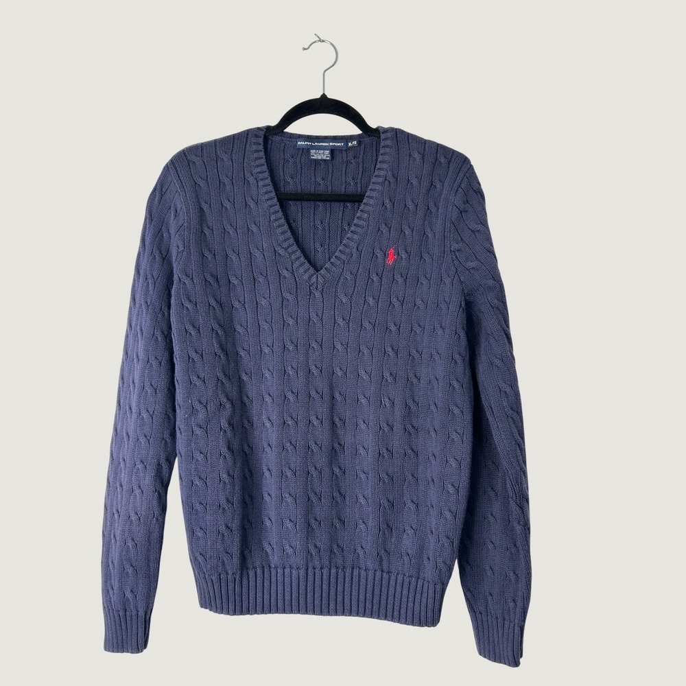 Ralph Lauren Sport Cable Knit Sweater Womens XL Navy Blue Old Money Fisherman